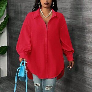 Plus Size Red Casual Women's Loose Lantern Sleeve button down Long Shirt
